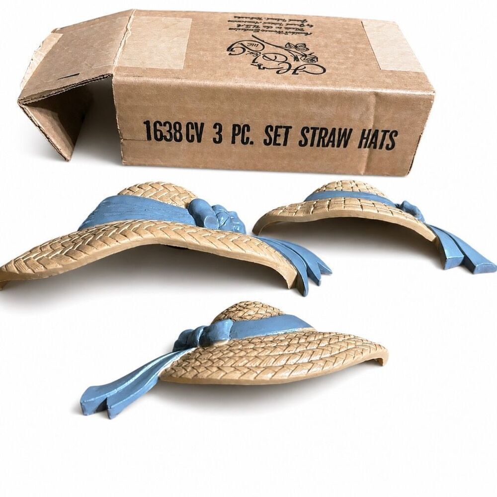 Home Interiors Homco Burwood 3 Piece Straw Hat Wall Hanging Set 1638CV